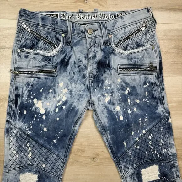 NEW Rock Revival Moto EAN Men's Jeans Acid Wash Blue Zippers 32x33 Stretch